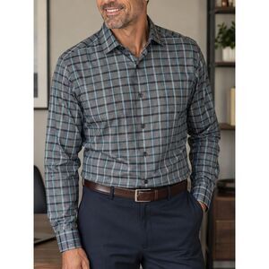 Geoffrey Beene Men's 17 34/35 Gray Blue Plaid Fitted No Iron Dress Shirt